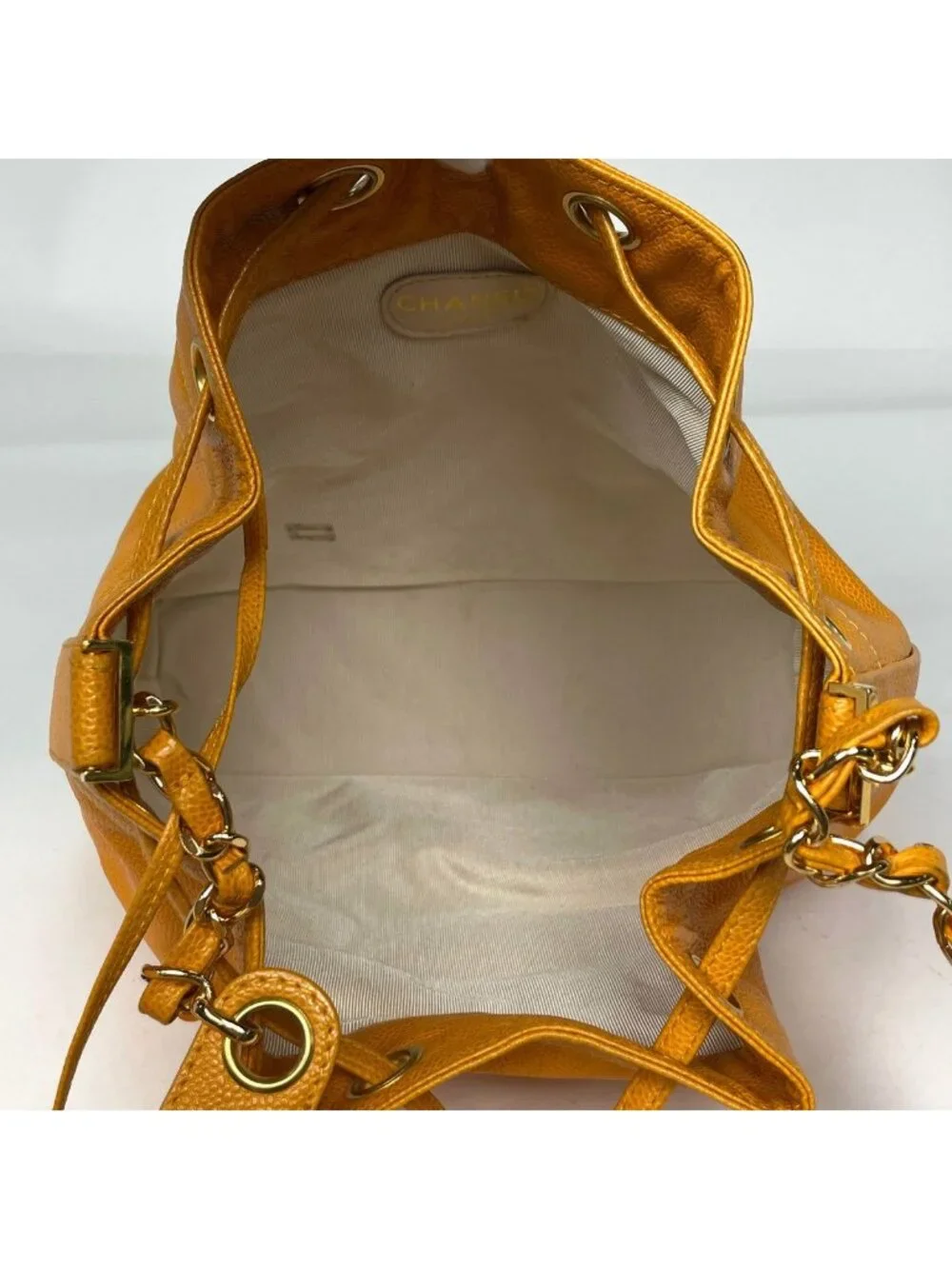 Chanel Shoulder Bag Triple CC Logo Drawstring Caviar Leather Yellow